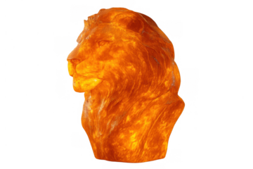 Lion head sculpture glowing, amber art bust, illuminated animal statue, power symbol, isolated on transparent