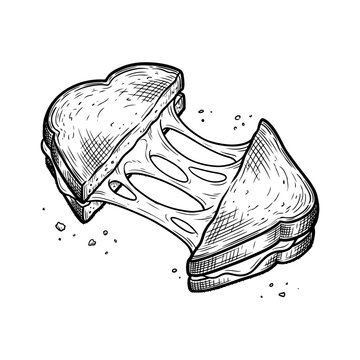 A black and white hand-drawn illustration of a classic grilled cheese sandwich pulled apart, showcasing its gooey, melted cheese.