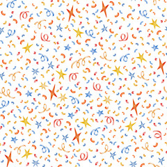 Seamless watercolor pattern with confetti, ribbons, stars in blue, yellow and red colors on a transparent background. Ideal for textile, wrapping paper, party, birthday, celebration, festive projects