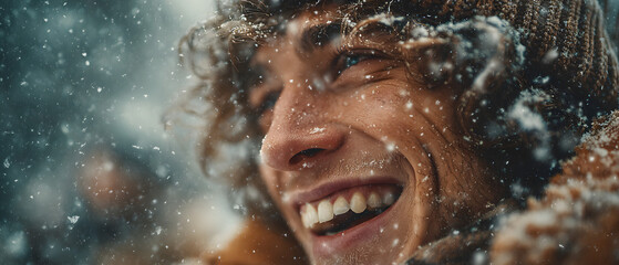 Joyful man laughing while enjoying snowfall in winter landscape, with snowflakes falling around him in a serene outdoor setting