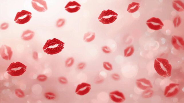 Romantic background with floating red lipstick kiss marks on pink