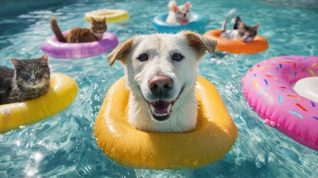 A dog is in a yellow float with a cat on top of it. The dog is smiling and the cat is looking at the camera