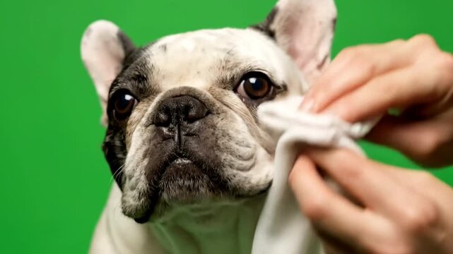 Cleaning French Bulldog Facial Wrinkles and Folds on Green Screen - Specialized Pet Grooming Hygiene