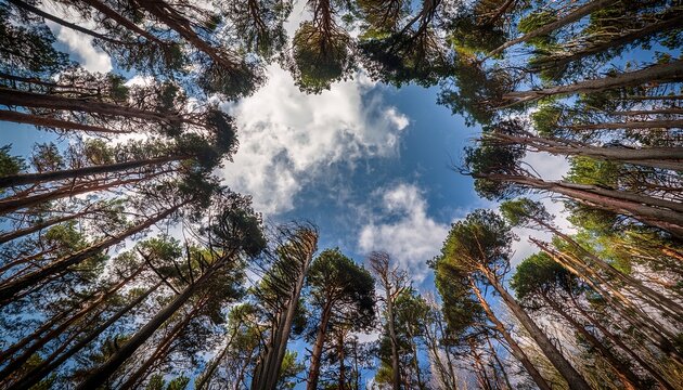 Forest Landscape With Tall Pine Trees And Twisted Roots Surrounding A Sky Opening With Clouds