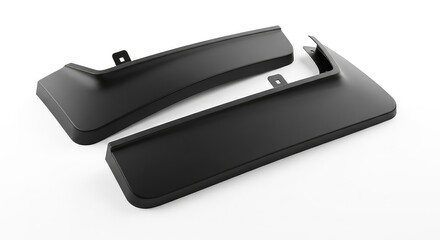 Two black plastic automotive mud flaps on a white background