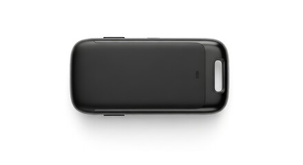 Compact black electronic device with silver accents on white background