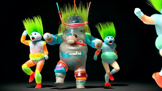 Vibrant 3D Cartoon Trolls Dancing in Colorful Animation Fantasy - Joyful Digital Art for Children's Entertainment