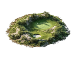 PNG of A serene and lush golf course setting with a unique elevated green surrounded by natural vegetation.