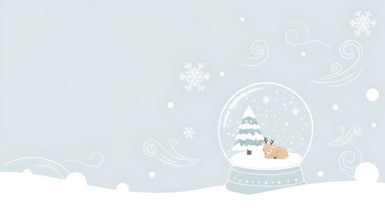 Cute Minimalist Snow Globe with Sleeping Reindeer and Snowy Tree. Soft Winter Background