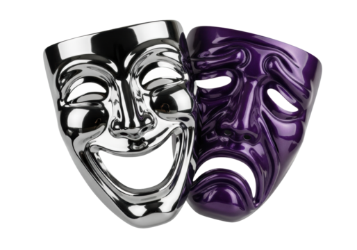 highly detailed macro shot of a polished chrome comedy mask overlapping a deep violet tragedy mask, isolated on a pure white studio background with rim lighting. concept of dramatic duality