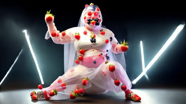 Avant-Garde Fashion Performance: Whimsical Strawberry Body Art and Experimental Costume Design in Vibrant, Surreal Photography