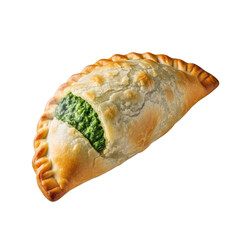 Golden baked empanada with green filling on a warm gradient background