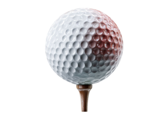 PNG of A close-up view of a golf ball perched on a wooden tee, showcasing its textured surface and shadows.