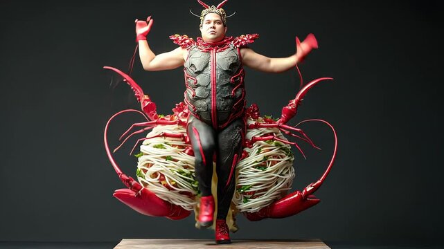 Whimsical Body Art Performance: Lobster Costume in Culinary Fashion Photography with Abstract and Colorful Mixed Media Design