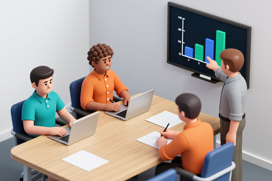 Four colleagues collaborate in a modern meeting room, laptops open, analyzing a bar graph on the screen, a man points at the display.