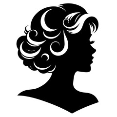 Black & white vector silhouette of vintage woman portrait retro style on white background