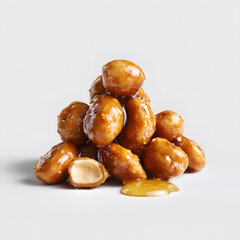 Caramelized peanuts in honey glaze &mdash; crunchy roasted peanuts coated in golden honey syrup, sweet snack or dessert isolated on white background