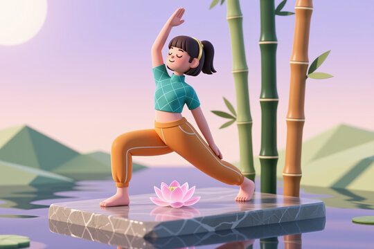 Serene cartoon woman practices yoga on a stone slab surrounded by bamboo stalks, a pink lotus flower, and a tranquil lake with distant mountains under a purple sky.