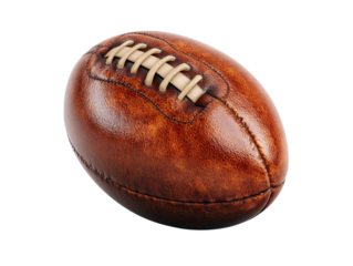 PNG of A detailed view of a classic brown leather rugby ball with visible stitching, highlighting its craftsmanship and texture.