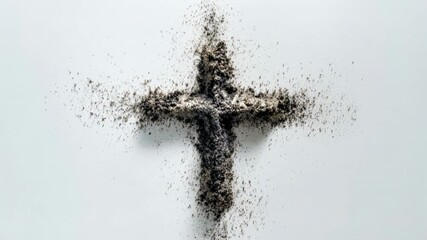 ash cross on white background, overhead view of scattered ashes forming delicate cross with radial particle spray, monochrome studio composition conveying
