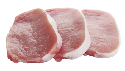 Three raw pork chops, pink with white fat around the edges, arranged in a row on a white background, close-up view cutout