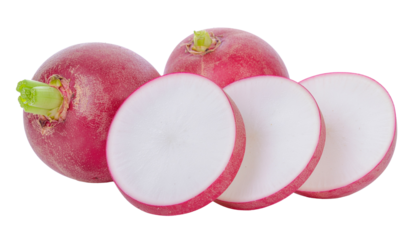Radishes, one whole and three sliced showing white interior, with green stems visible on the whole radish, isolated. no background