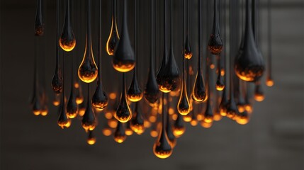 A series of glowing drops hanging from the ceiling. The drops are illuminated by a light source, creating a warm and inviting atmosphere