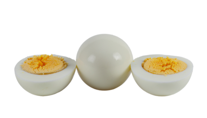A whole boiled egg and two halves with visible yellow yolks are arranged in a row on a flat surface. clean white background