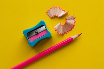 Bright Pink Pencil and Blue Sharpener on a Cheerful Yellow Background for Creative Projects and Design Elements
