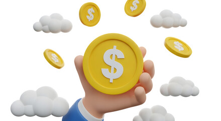 Hand holding coin surrounded by clouds, symbolizing investment and growth