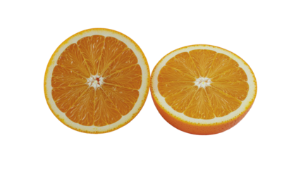 Two orange halves, one slightly larger, show the juicy segments and white core, with orange peel visible around the edges on white