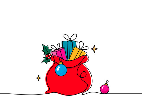 Santa Claus's bag full of gifts. Flat vector in linear style. Template for a greeting card for New Year and Christmas. Vector illustration isolated on white background.