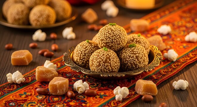 Close up of traditional Indian til ladoo sweets on a decorative plate with festive snacks for a cultural celebration concept