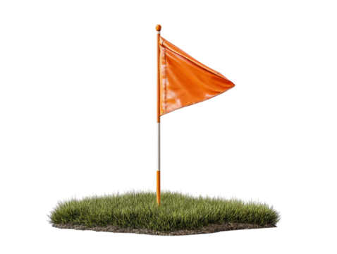 PNG of A vibrant orange flag standing tall on green grass, symbolizing direction and warning.