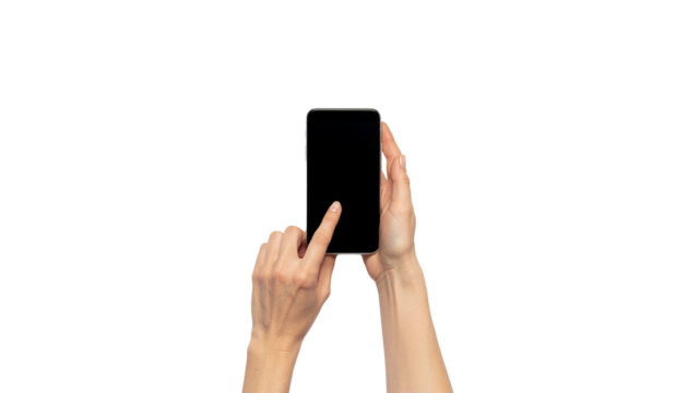 A persons hands holding a black smartphone with a finger touching the screen, isolated on a white background png with transparency