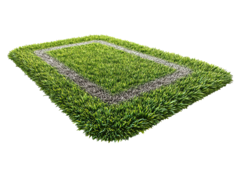 PNG of A vibrant green artificial grass rug shaped like a sports field, perfect for play areas or themed decor. - Powered by Adobe