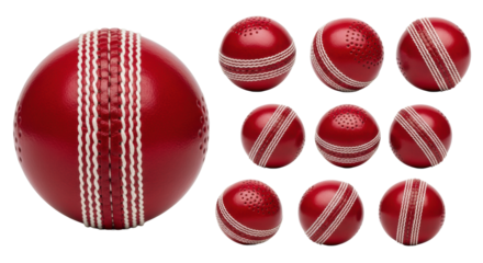 Several crimson leather cricket balls, showing stitching detail in a macro and composite arrangement against a pure white background with copy space, high-end commercial sports equipment concept