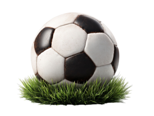 PNG of A classic black and white soccer ball resting on vibrant green grass, symbolizing sportsmanship and teamwork.