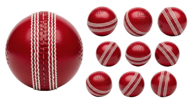 Several crimson leather cricket balls, showing stitching detail in a macro and composite arrangement against a pure white background with copy space, high-end commercial sports equipment concept