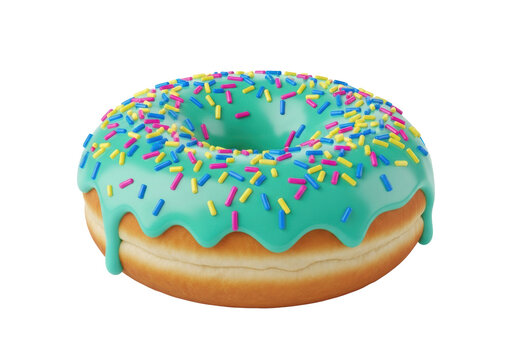 hyper-photorealistic extreme macro shot of a single gourmet donut with vibrant teal mint glaze and colorful sprinkles, isolated on pure white background. Concept for food advertising
