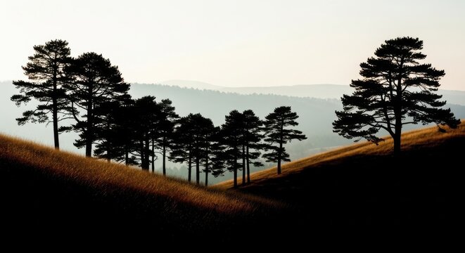 Silhouetted pine trees on a grassy hillside with layered mountains