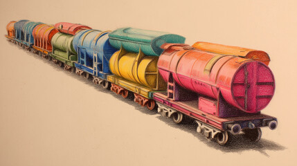 Simple colored-pencil drawing of a train with multiple colorful wagons