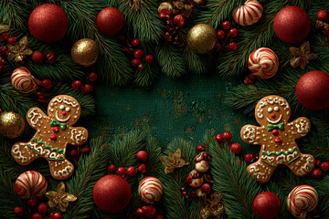 Obraz premium Christmas background. Border with lush pine branches, sweet gingerbread man figures, sparkling red and gold baubles, and candy canes, creating a festive frame around an empty green center.