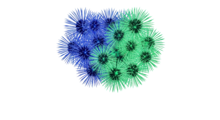 majestic sapphire blue and emerald green willow and chrysanthemum pyrotechnic bursts, frozen high-speed against a seamless white background with copy space. concept of dramatic victory celebration