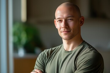 Confident young adult caucasian male smiling indoors in casual green shirt