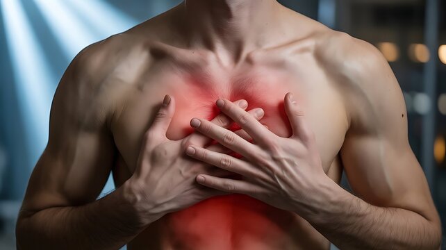 Man clutching chest in pain, red glow on chest