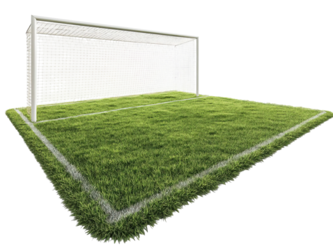 PNG of A pristine soccer goal on a lush green field, perfect for a match or practice session.