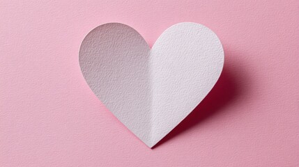Fototapeta premium A heart made of paper is on a pink background. The heart is cut in half, and the paper is white. Concept of love and warmth