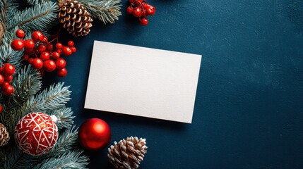 A white card sits on a blue background, surrounded by red berries and pine cones. The card is empty, and the background is decorated with a variety of red berries and pine cones, creating a festive
