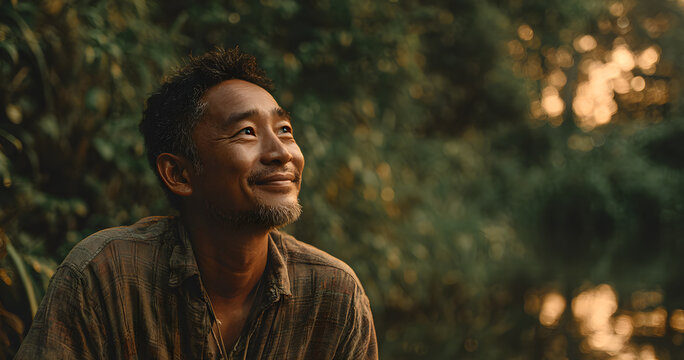 Smile, fitness and thinking with Asian man in nature for runner, confidence and health. Retirement, exercise pride and wellness with senior person for mobility training, low angle and reflection - Powered by Adobe